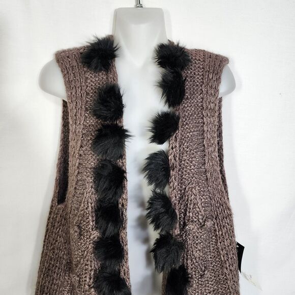 Notations Womens Sweater Cardigan Vest Size 1X Pom Poms Brown Knit Open Front - Picture 6 of 13